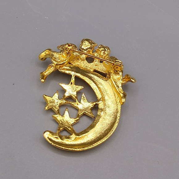 Cherub Crescent Moon Angel Brooch with Rhinestone Stars Valentine's Gift Vintage - Picture 10 of 15